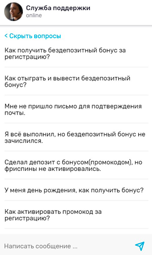 Окно онлайн чата для связи с саппортом